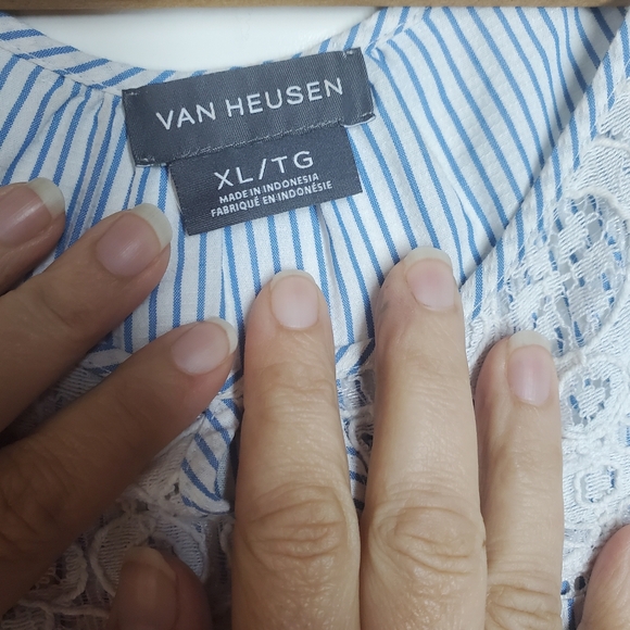 Van Heusen Blue Striped Women's Shirt with flutter sleeves with Lace.  Size XL - Picture 4 of 5